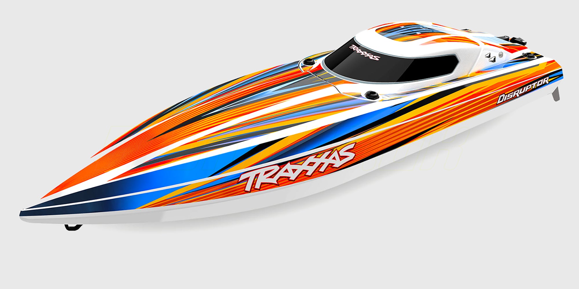 Orange Traxxas Disruptor racerbåd et forfra med siden til på hvid baggrund.