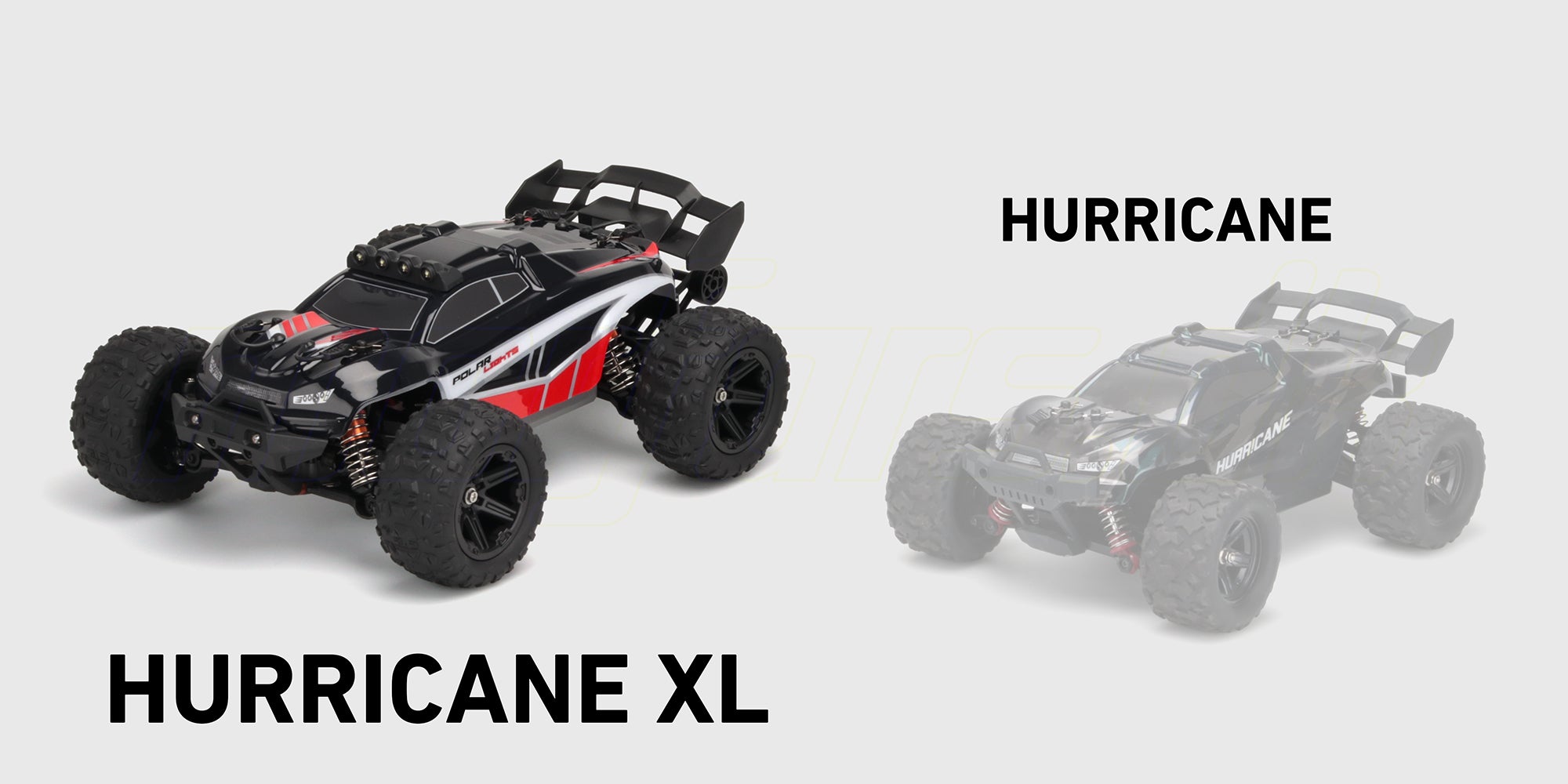 Størrelsessammenligning af Hurricane XL fjernstyret bil vist ved siden af en person for at illustrere skala.