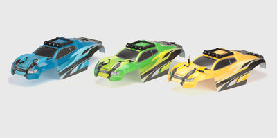 Gult Hammer Body karrosseri til fjernstyret monster truck med sorte detaljer og ruder.