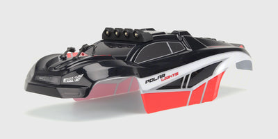 Gennemsigtigt Hurricane XL karrosseri i plast til fjernstyret bil vist fra siden.