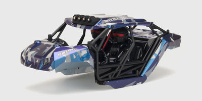 Gult Hurricane karrosseri med sorte og hvide detaljer til fjernstyret bil vist på hvid baggrund.