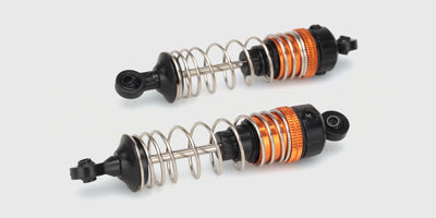 To sorte Hammer frontstøddæmpere med sølvfarvede fjedre til fjernstyrede biler.