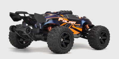 Hurricane XL fjernstyret offroad-bil med orange karrosseri set bagfra på hvid baggrund