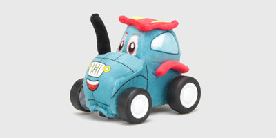 Blød blå fjernstyret traktor med venligt ansigt og store hjul