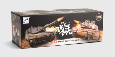 Battle Tank kampsæt med to fjernstyrede kampvogne vist i deres originale produktkasse.