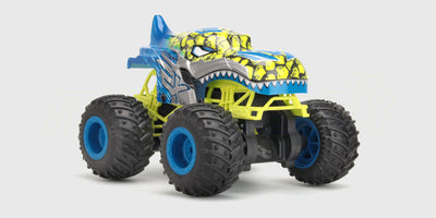 Blå Flash4 Monster Truck med dinosaur-tema og store hjul vist på hvid baggrund.