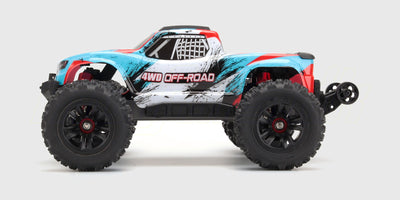 HyperGo Brushless fjernstyret monster truck med rødt karrosseri og store offroad-hjul vist fra siden.