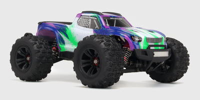 Sort HyperGo Brushless monster truck med kraftfulde offroad-dæk og robust chassis til hurtig kørsel i terræn.