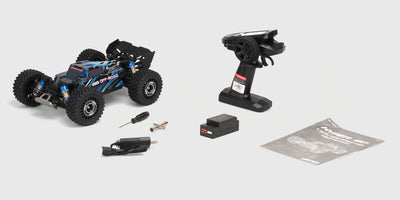 HyperGo Buggy 3S fjernstyret bil i rød og hvid med store offroad dæk vist fra siden på en hvid baggrund.