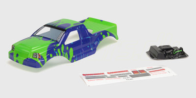 Grønt Quakeshock karrosseri med sort grafik og detaljer til fjernstyret monster truck.