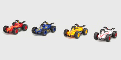 Farverig Super Racer friktionsbil i rød og blå med en lille chauffør til børn.
