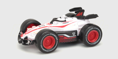 Blå og rød Super Racer friktionsbil med gul hækvinge og blå hjul til fartfyldt leg på gulvet.