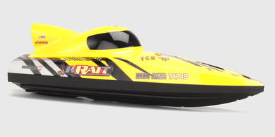 Blå Krait brushless racing boat med jet-drive i fuld fart hen over vandoverfladen.
