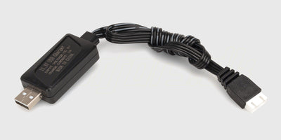 Sort USB-ladekabel til Super Dino racingbåd med rødt JST-stik til opladning af batteri.