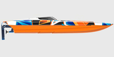Orange og hvid Traxxas DCB M41 Widebody Catamaran fjernstyret båd set fra siden på vandet.