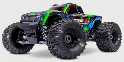 Traxxas Stampede 4x4 Brushless VX3 monster truck set forfra med grøn og blå karosse