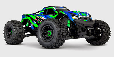 Grøn Traxxas Maxx WideMaxx monster truck set fra siden med grove Sledgehammer dæk og robust affjedring.