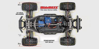 Sprængskitse af chassiset til Traxxas Maxx WideMaxx, der viser bilens opbygning og reservedele.