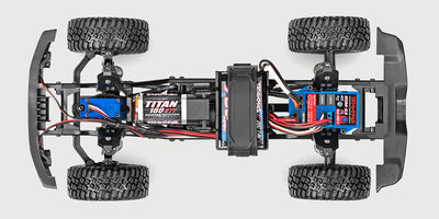 Chassis set fra oven på en Traxxas TRX-4M Ford Bronco 1:18 fjernstyret crawler.