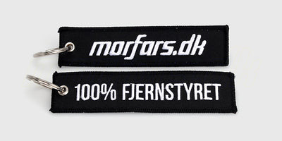 Sort Morfars.dk nøglering med hvidt logo vist fra begge sider på en hvid baggrund.