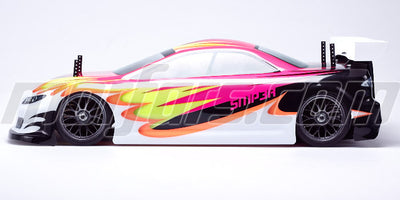 Lyserød MZDS-6 karrosseri til 190mm touring car set fra siden med aerodynamiske detaljer.