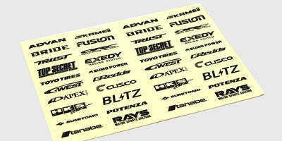 Ark med forskellige Driftz logo-klistermærker til detaljeret styling af fjernstyrede biler.