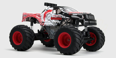 Quakeshock fjernstyret monster truck med store hjul til vild offroad terrænkørsel.