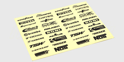 Ark med Racez klistermærker med diverse racer- og sponsorlogoer til styling af fjernstyrede RC-biler.