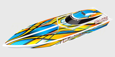 Hvid Traxxas Blast fjernstyret racer båd med strømlinet skrog og sportslige detaljer.